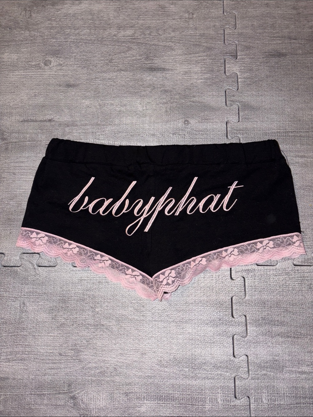 Baby Phat Black Mini Shorts with Pink Lace Trim and Script Logo